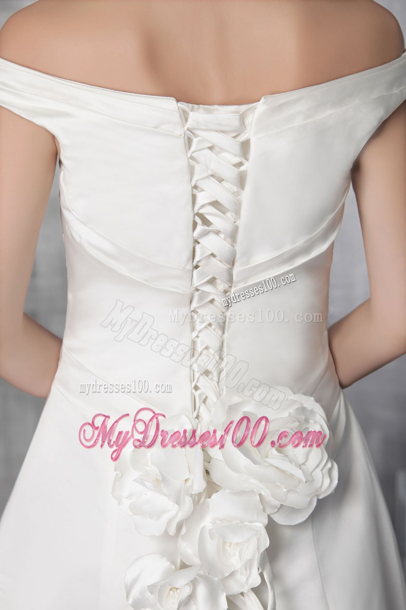 Off-the-shoulder Ruche White Wedding Gown with Handmade Flowers on Back