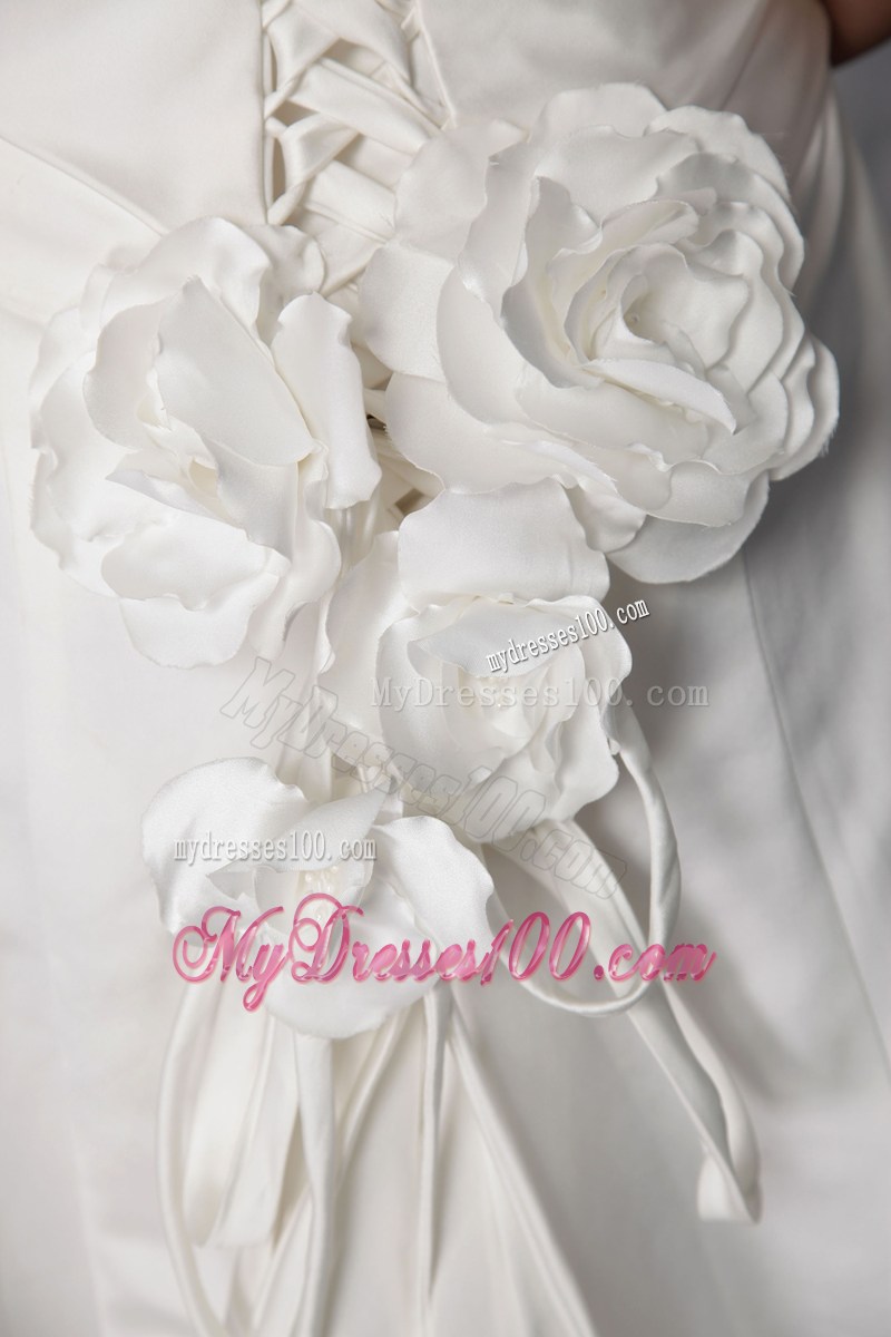 Off-the-shoulder Ruche White Wedding Gown with Handmade Flowers on Back