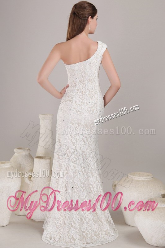 Beading Lace Flowers Single Shoulder Wedding Dress with Slit