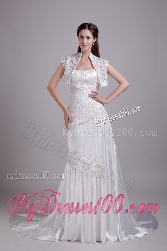 Empire Court Train Wedding Gown in White with Appliques Ruffles