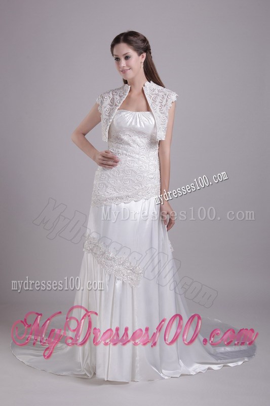 Empire Court Train Wedding Gown in White with Appliques Ruffles