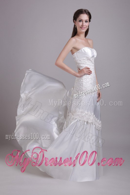 Empire Court Train Wedding Gown in White with Appliques Ruffles
