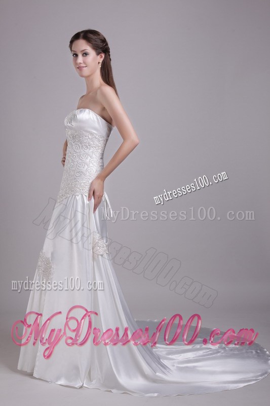 Empire Court Train Wedding Gown in White with Appliques Ruffles