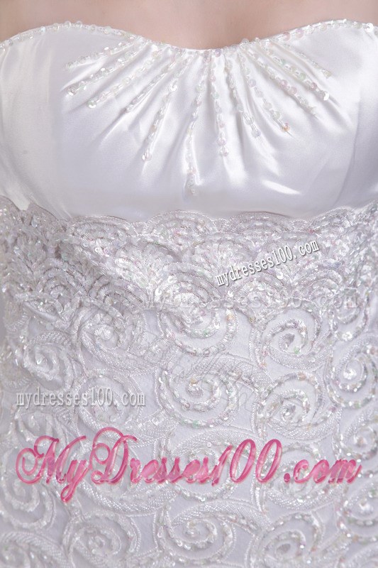 Empire Court Train Wedding Gown in White with Appliques Ruffles