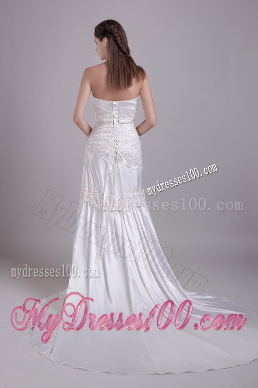 Empire Court Train Wedding Gown in White with Appliques Ruffles