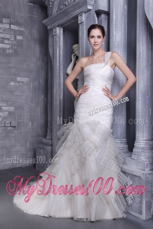 Beautiful One Shoulder Ruche White Wedding Gown with Ruffle Layers