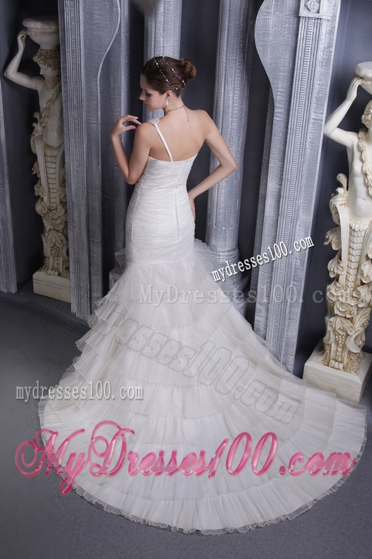 Beautiful One Shoulder Ruche White Wedding Gown with Ruffle Layers