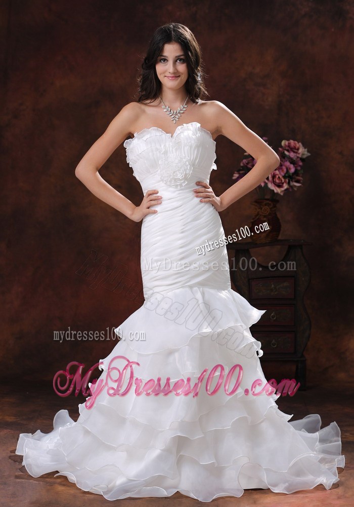 Ruffled Layers Ruching and Handle Flowers Wedding Gowns with Brush Train