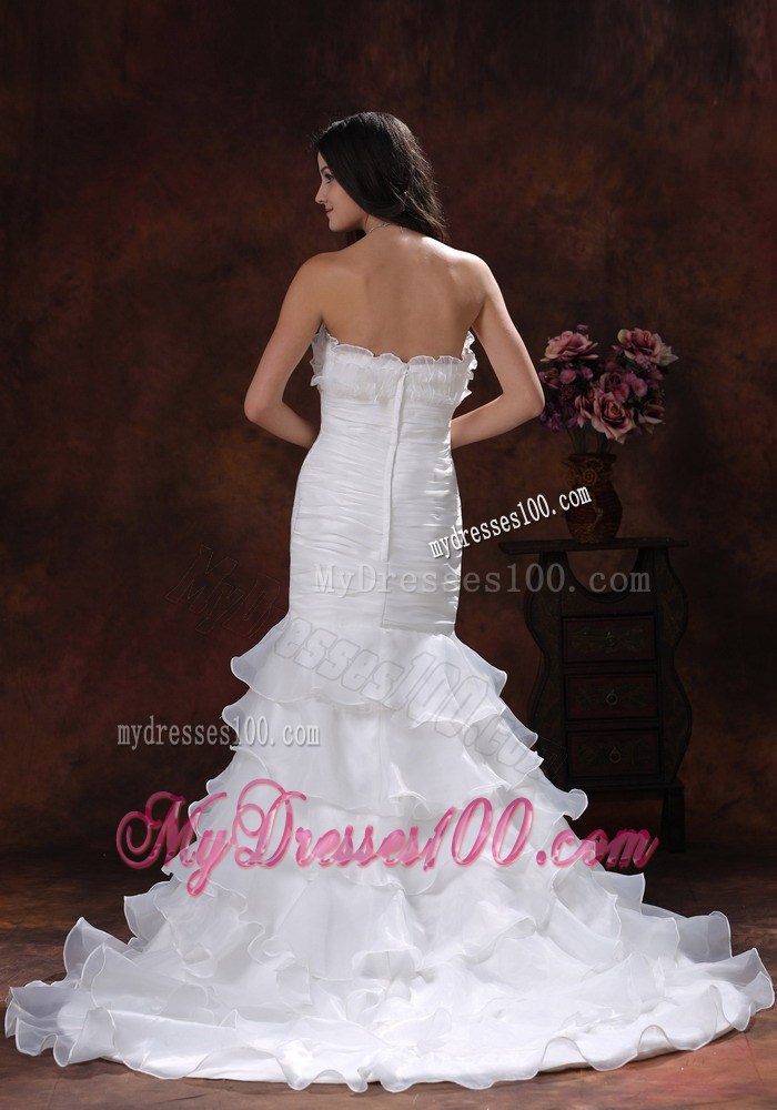 Ruffled Layers Ruching and Handle Flowers Wedding Gowns with Brush Train