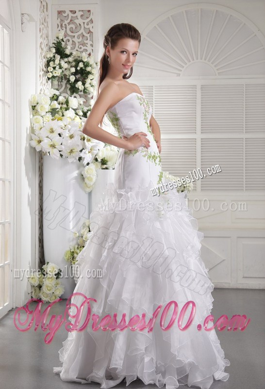 Sweetheart Ruffles White Wedding Gown with Spring Green Appliques