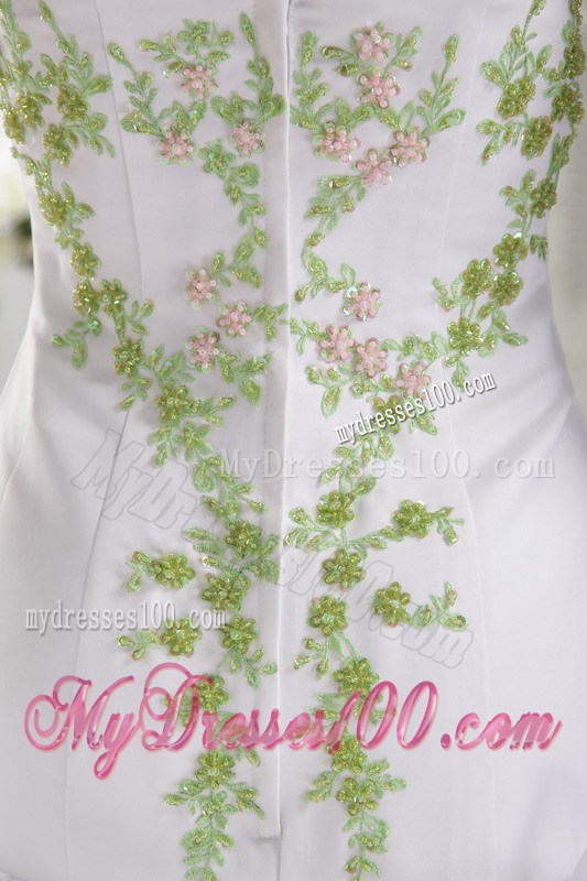 Sweetheart Ruffles White Wedding Gown with Spring Green Appliques