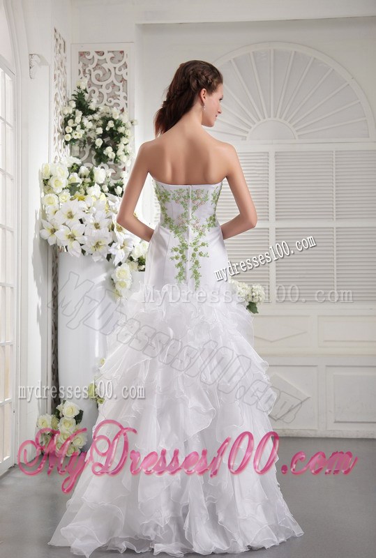 Sweetheart Ruffles White Wedding Gown with Spring Green Appliques