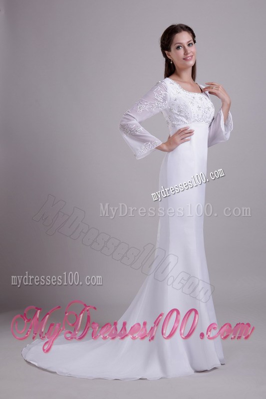 Long Sleeve Mermaid Embroidery Wedding Gown in White Scoop Neckline