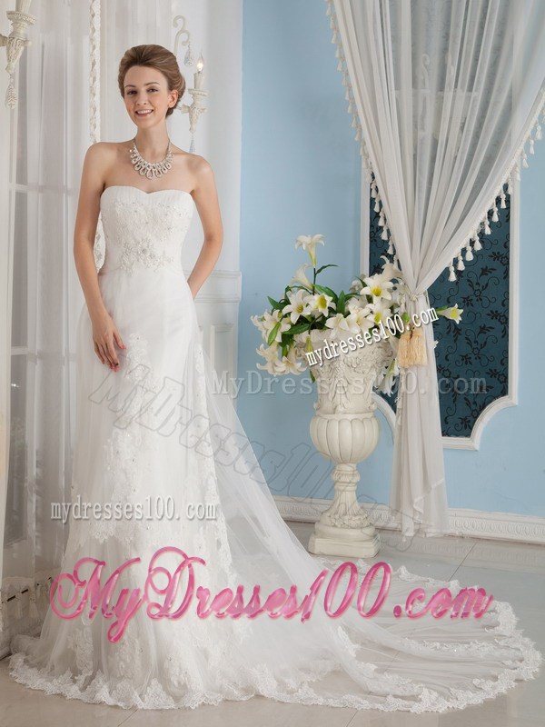 Wonderful Strapless Chapel Train Wedding Dress with Appliques