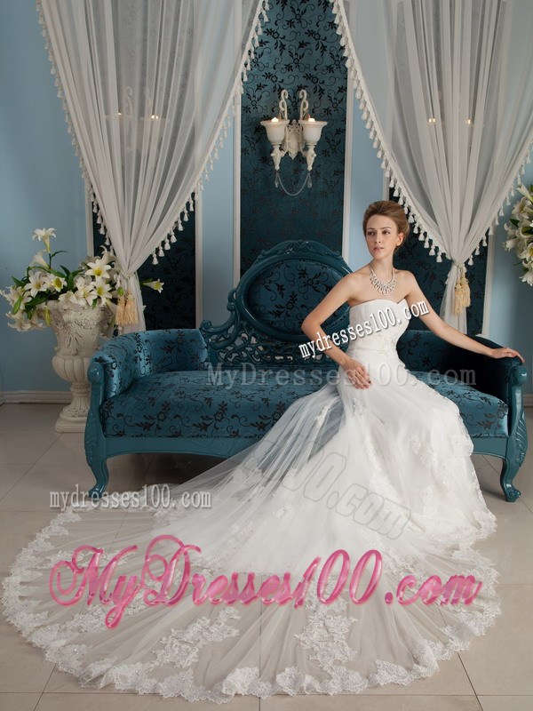 Wonderful Strapless Chapel Train Wedding Dress with Appliques