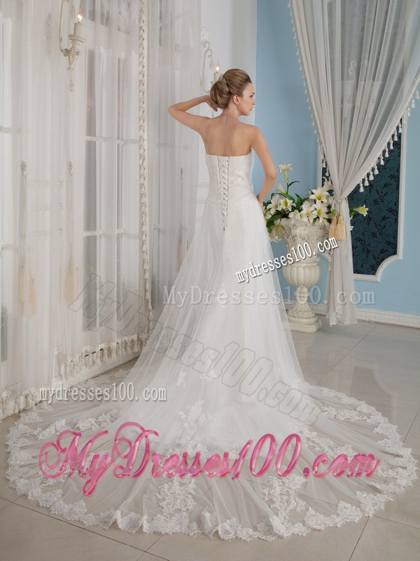 Wonderful Strapless Chapel Train Wedding Dress with Appliques