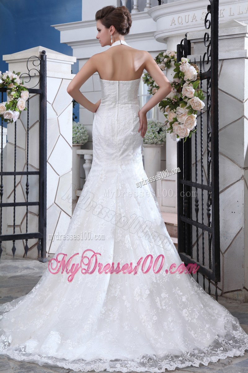 New Style Mermaid High-neck Lace White Wedding Gown Zipper Up Back