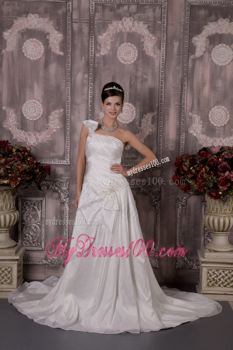 Appliqued Half Bowknot Accent One Shoulder Court Wedding Dresses