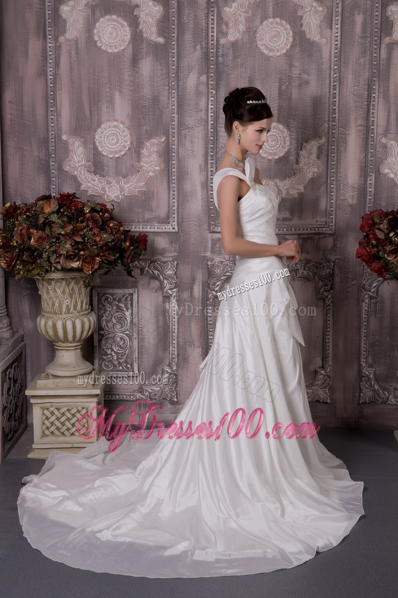 Appliqued Half Bowknot Accent One Shoulder Court Wedding Dresses