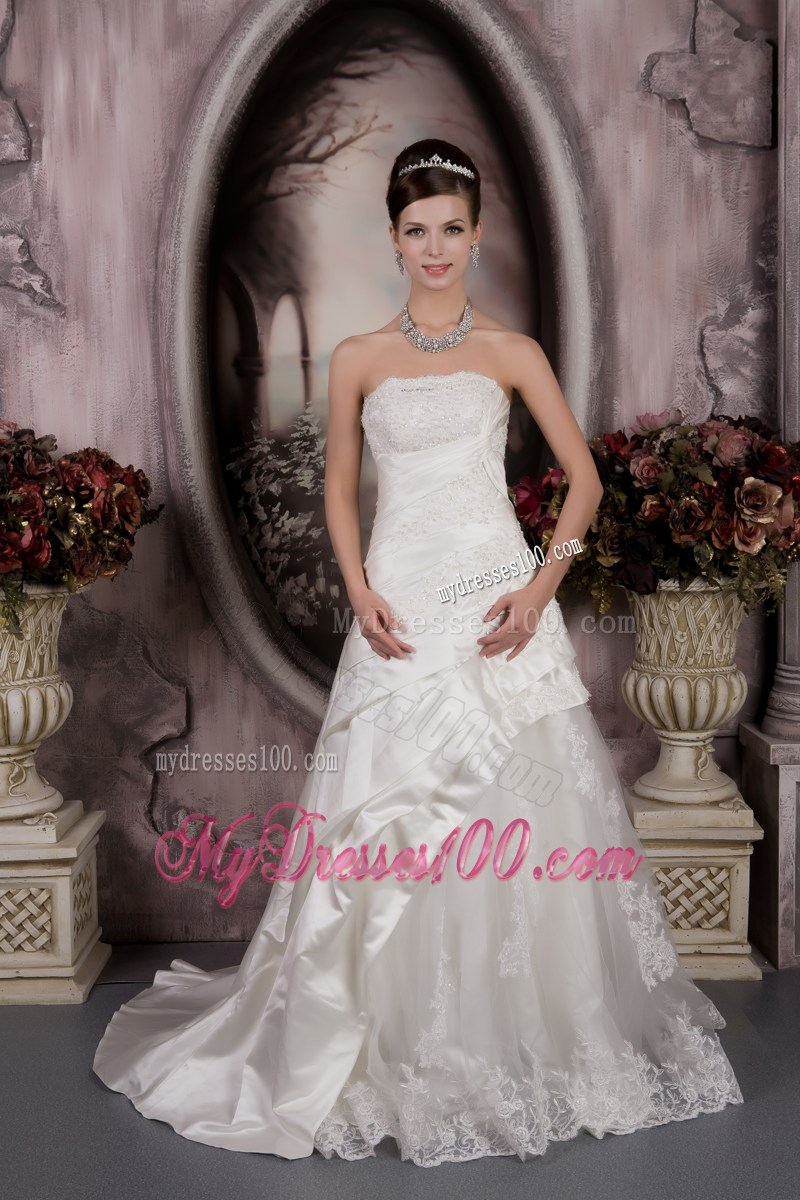 Ruches and Appliques Accent A-line Wedding Gown with Court Train