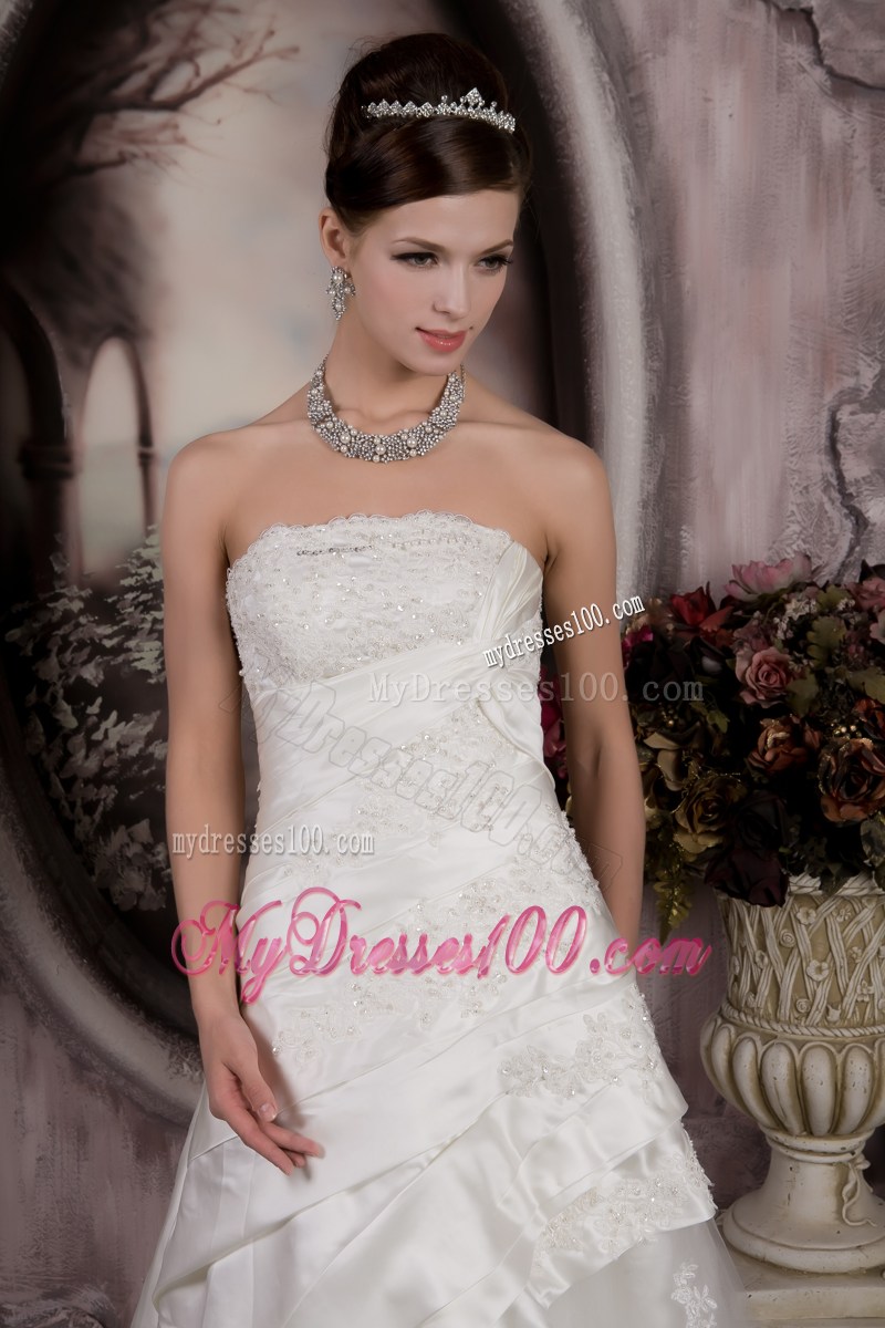 Ruches and Appliques Accent A-line Wedding Gown with Court Train