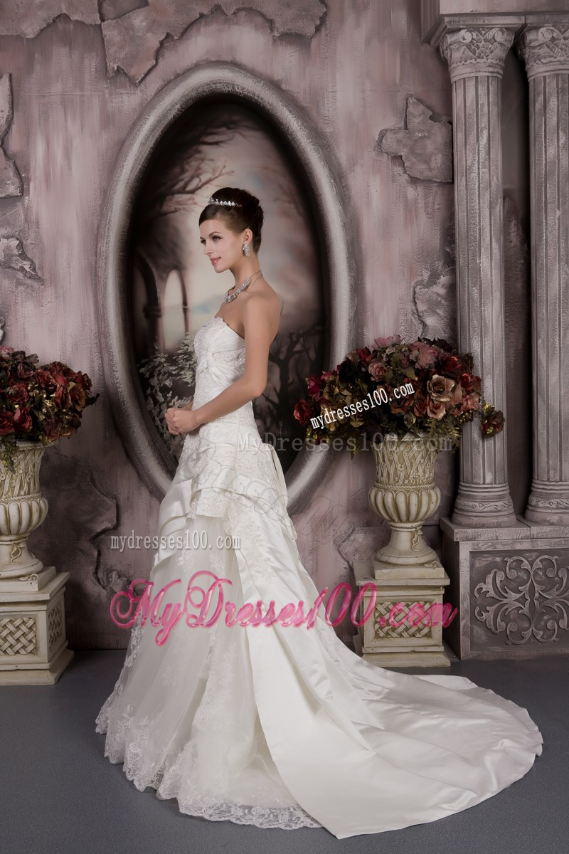 Ruches and Appliques Accent A-line Wedding Gown with Court Train