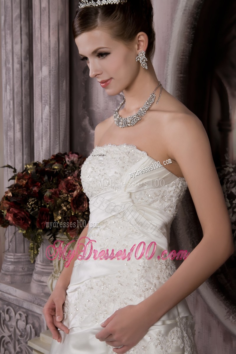 Ruches and Appliques Accent A-line Wedding Gown with Court Train