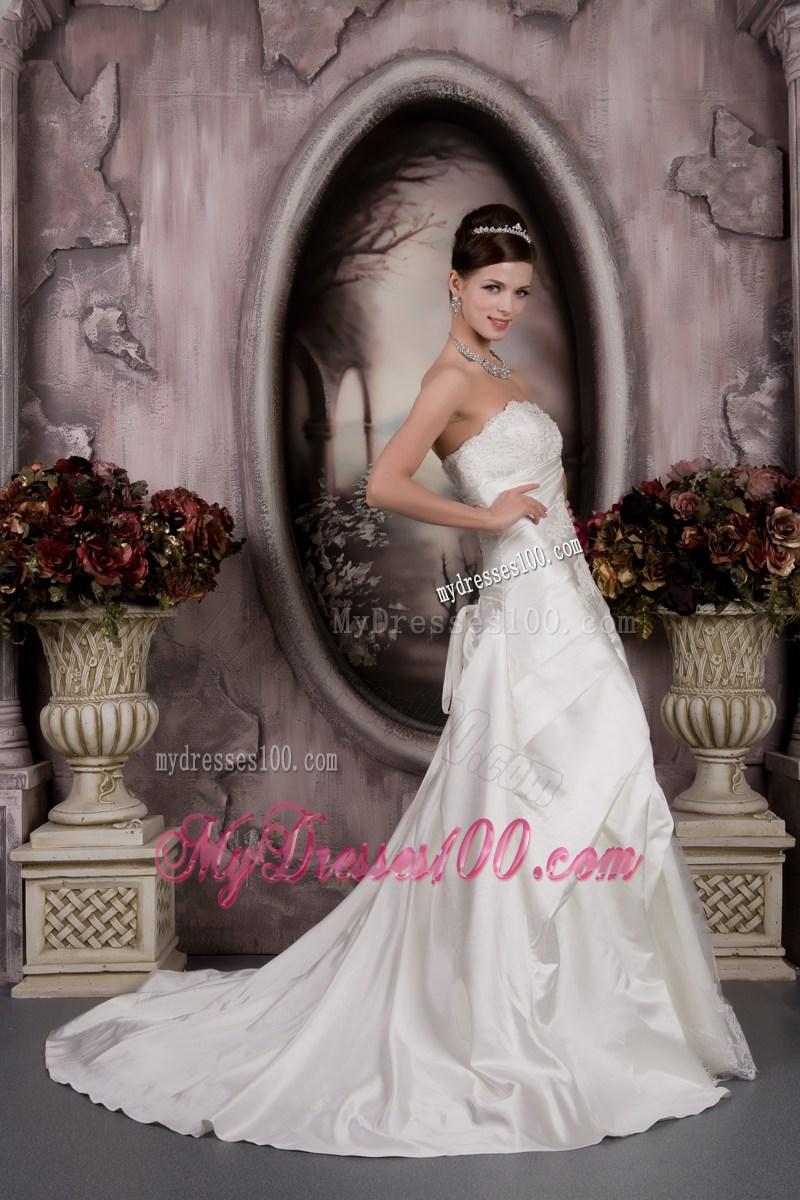 Ruches and Appliques Accent A-line Wedding Gown with Court Train
