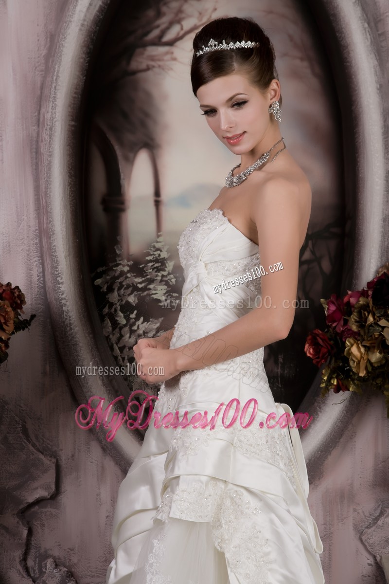 Ruches and Appliques Accent A-line Wedding Gown with Court Train