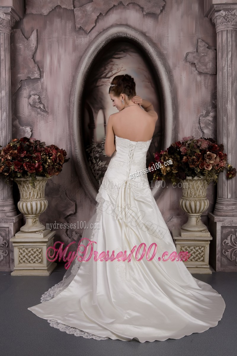 Ruches and Appliques Accent A-line Wedding Gown with Court Train