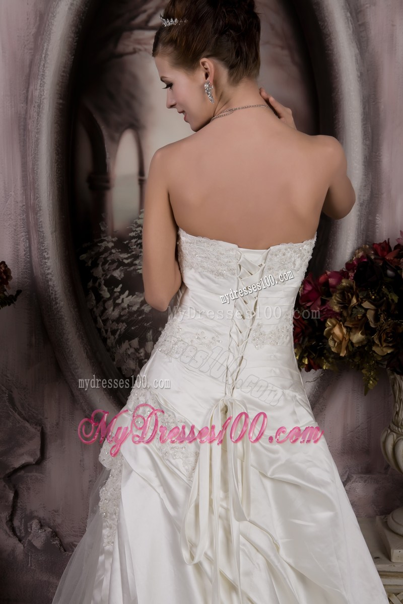 Ruches and Appliques Accent A-line Wedding Gown with Court Train