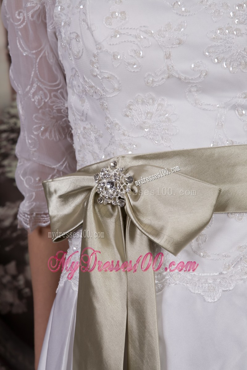 Empire Bateau Court 1 2 Sleeves Sash Wedding Gown with Clasp Handle