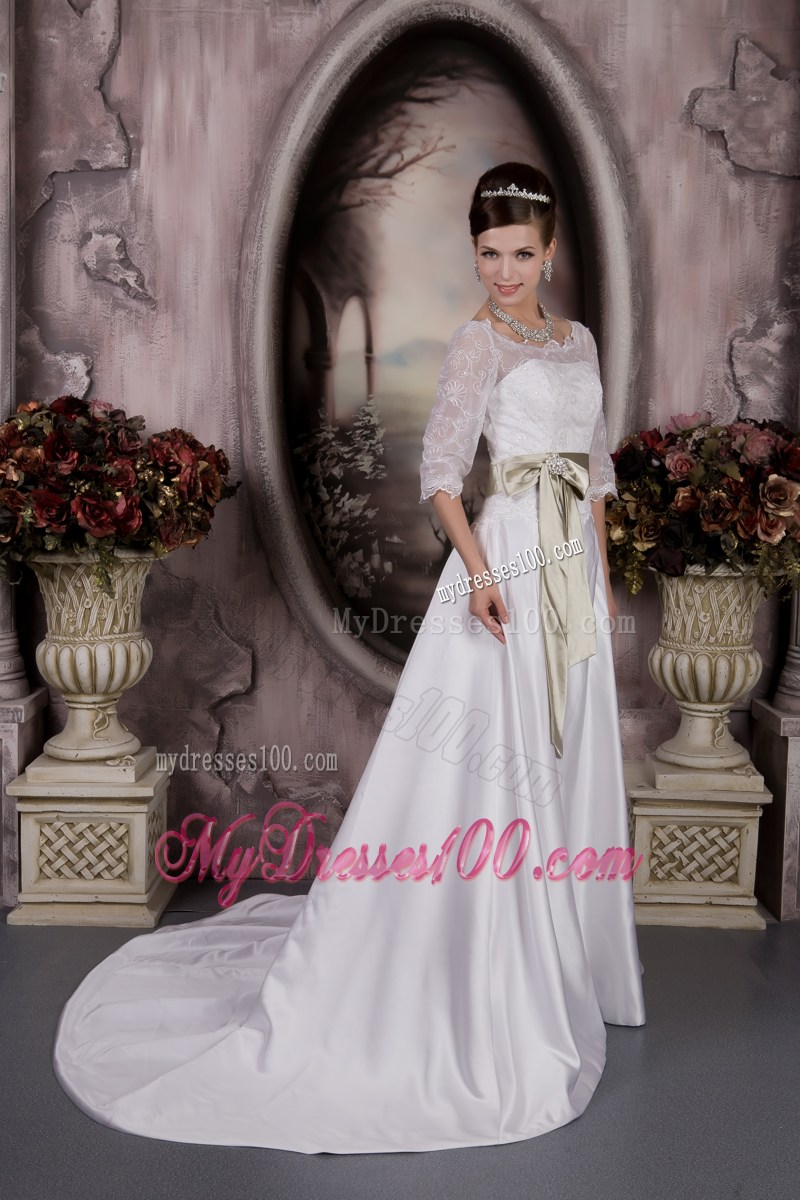 Empire Bateau Court 1 2 Sleeves Sash Wedding Gown with Clasp Handle