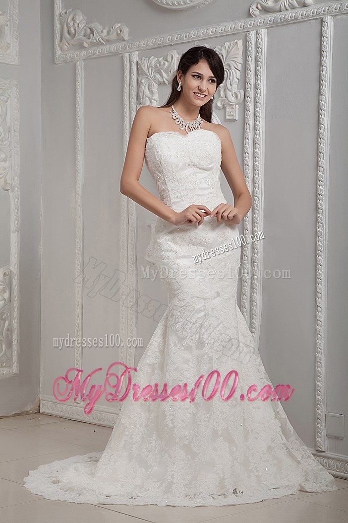 Ivory Lace and Satin Mermaid Wedding Dresses with Brush Train