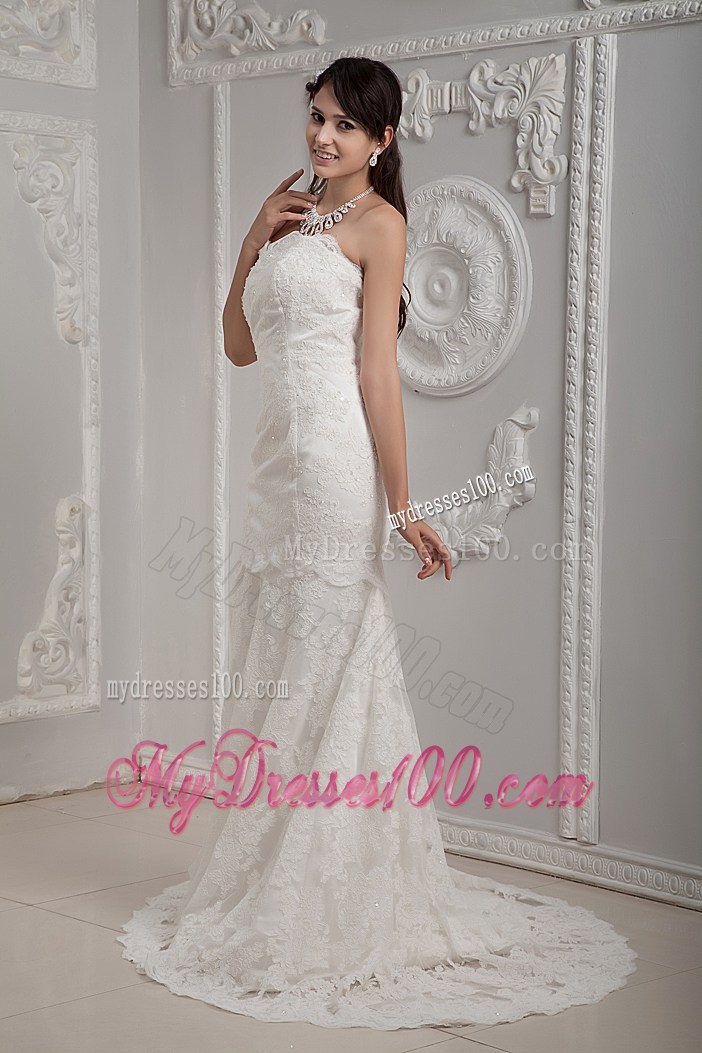 Ivory Lace and Satin Mermaid Wedding Dresses with Brush Train
