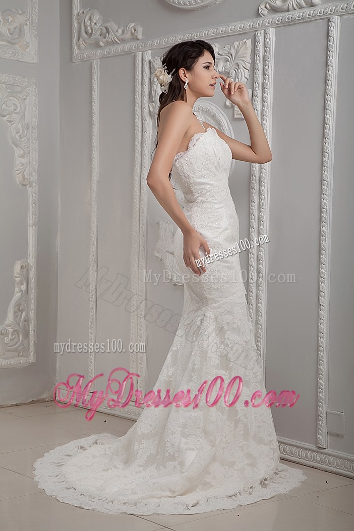 Ivory Lace and Satin Mermaid Wedding Dresses with Brush Train