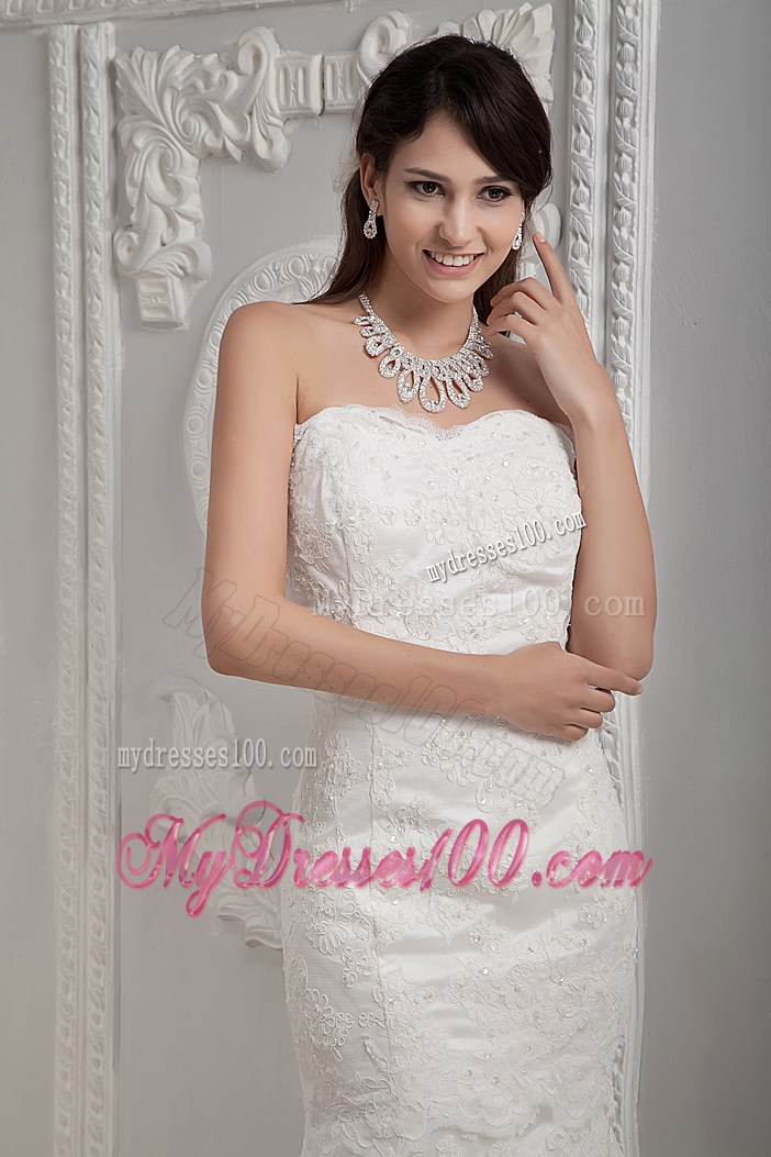 Ivory Lace and Satin Mermaid Wedding Dresses with Brush Train
