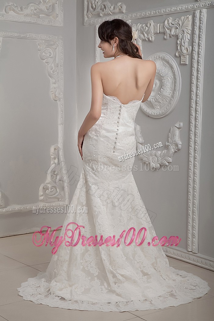 Ivory Lace and Satin Mermaid Wedding Dresses with Brush Train