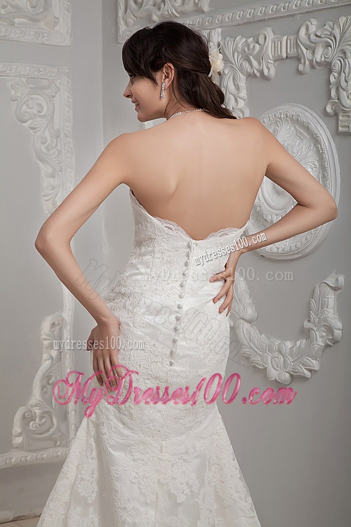 Ivory Lace and Satin Mermaid Wedding Dresses with Brush Train