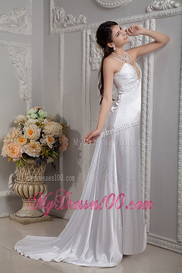 High Slit Brush Train Bridal Dresses with Beading and Spaghetti Straps