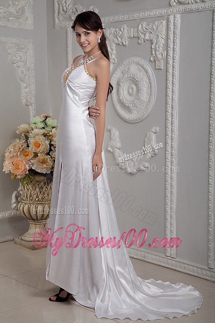High Slit Brush Train Bridal Dresses with Beading and Spaghetti Straps