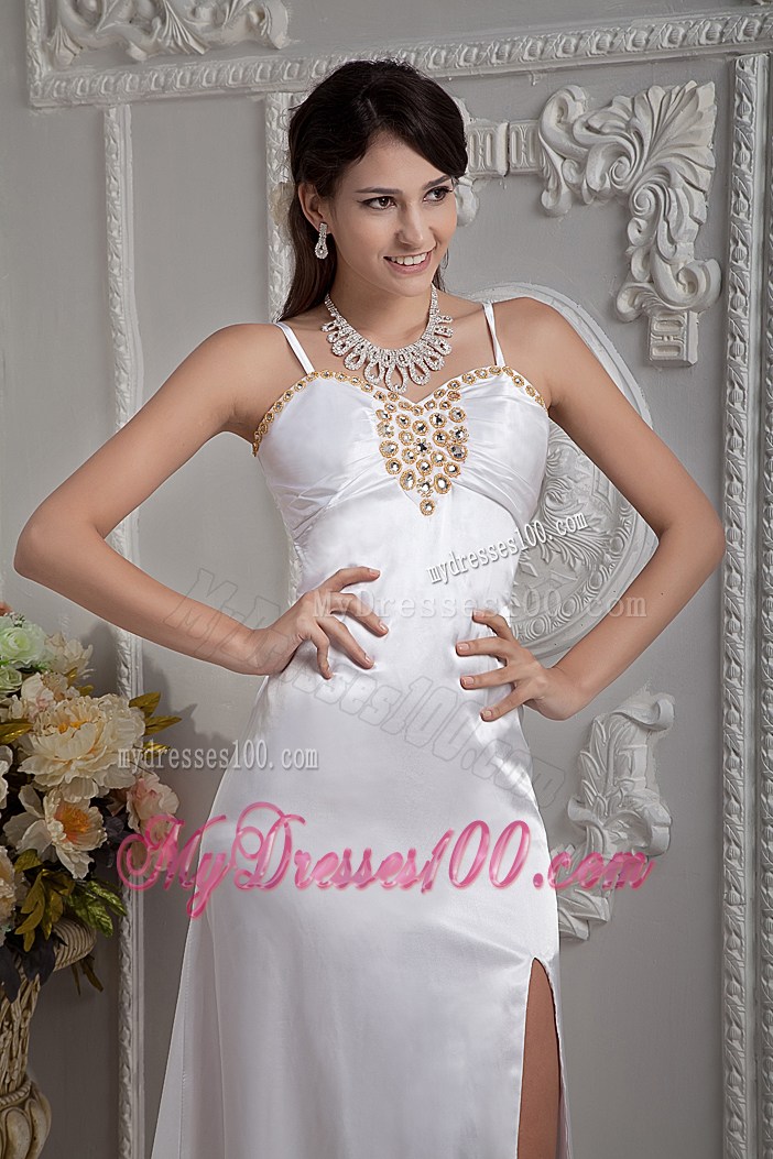 High Slit Brush Train Bridal Dresses with Beading and Spaghetti Straps