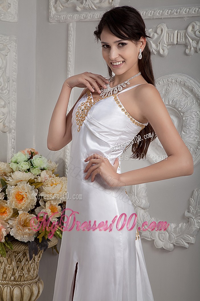 High Slit Brush Train Bridal Dresses with Beading and Spaghetti Straps