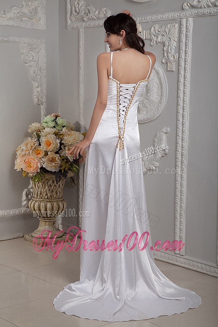 High Slit Brush Train Bridal Dresses with Beading and Spaghetti Straps