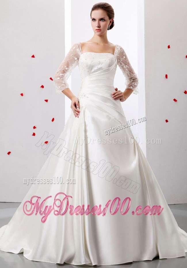 Sheer Half Sleeves Court Train Wedding Gowns with Beadings and Appliques