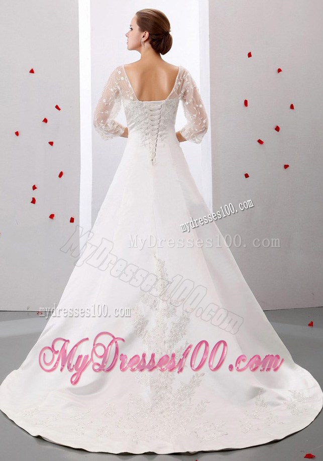 Sheer Half Sleeves Court Train Wedding Gowns with Beadings and Appliques