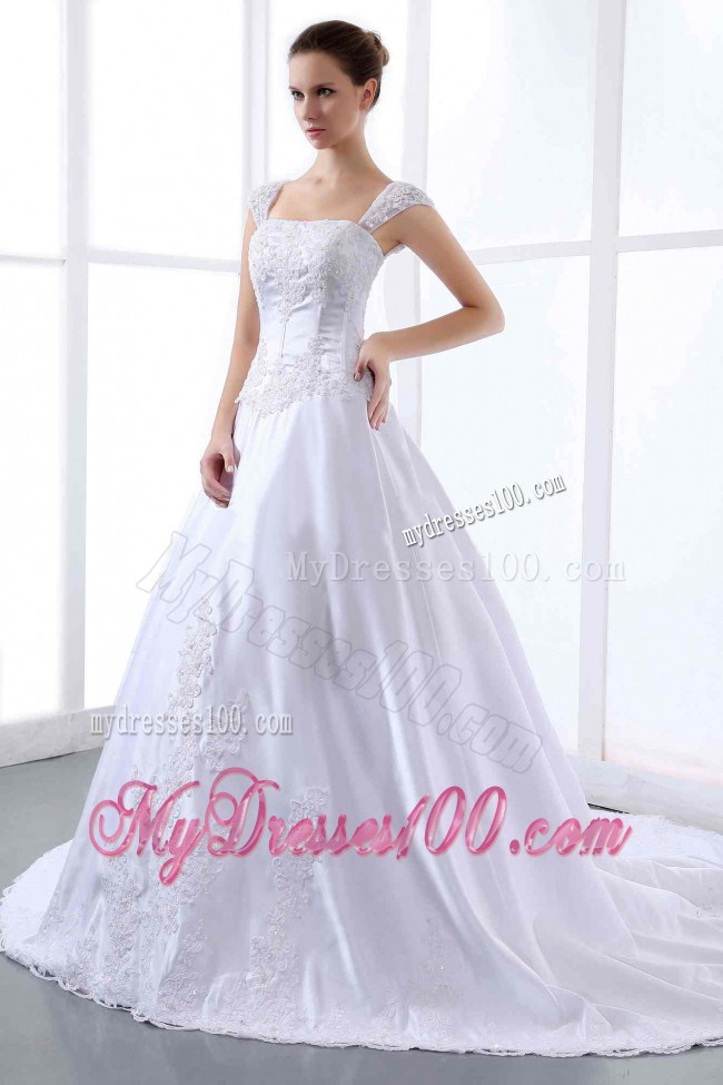 Lace Cap Sleeves Chapel Train Dresses for Brides with Beadings and Appliques