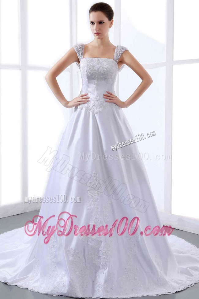 Lace Cap Sleeves Chapel Train Dresses for Brides with Beadings and Appliques