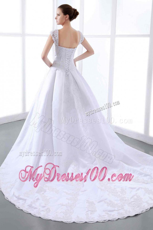 Lace Cap Sleeves Chapel Train Dresses for Brides with Beadings and Appliques