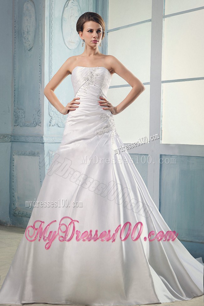 Diamonds Ruching and Appliques Decorated Brush Train Dresses for Wedding